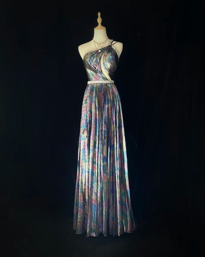 Vintage-Abschlussballkleider 1980er A-Linie One-Shoulder Perlenbesetztes langes Abschlussballkleid N3121