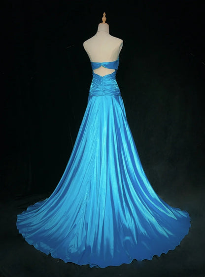 Robes de bal modestes Inspo Sirène Col en cœur en satin bleu avec perles pour femmes Robe de soirée formelle N3213
