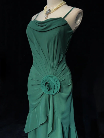 Einfache Ballkleider A-Linie Grün Chiffon Teelänge Mittellanges Semi-Formelles Abendkleid N3680