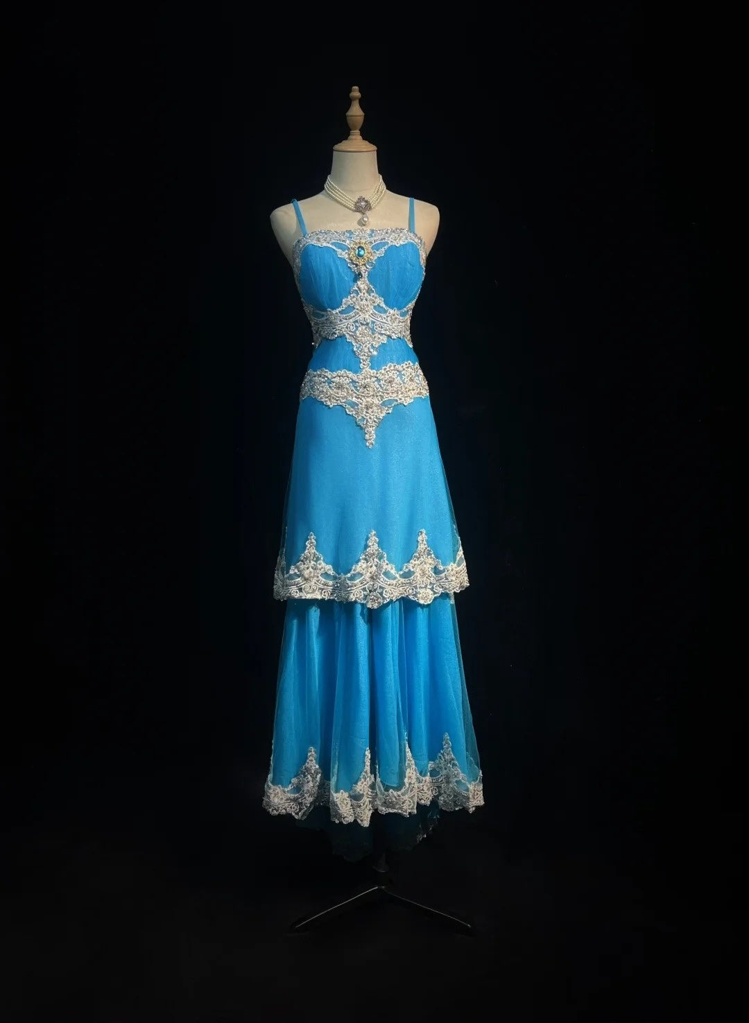 Vintage Prom Dresses A line Spaghetti Strap Blue Tulle Lace 1980s Mid Length Formal Evening Gown N2627