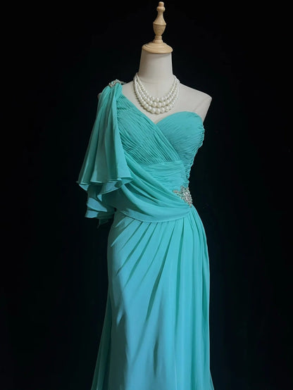 Vintage Abschlussballkleider Meerjungfrau One Shoulder Blau Chiffon 80er Lang Festliches Kleid N2758