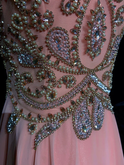 Robes de bal modestes trapèze licou en mousseline rose avec perles, longues tenues de soirée N3464
