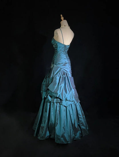 Robes de bal vintage Robe de soirée à fines bretelles bleu sarcelle sans manches en taffetas Robe de soirée longue des années 90 N2893