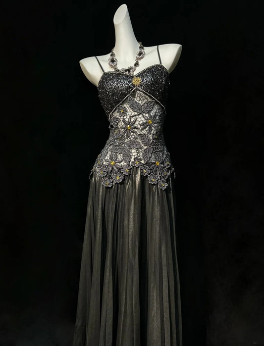 Black Prom Dress Inspo A Line Spaghetti Straps Satin Lace Long Birthday Outfits Formal Party Gown RC0101