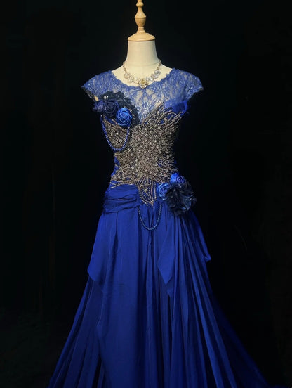 Classy Prom Dresses A Line Scoop Royal blue Chiffon Lace With Beading Long Formal Gown N2916