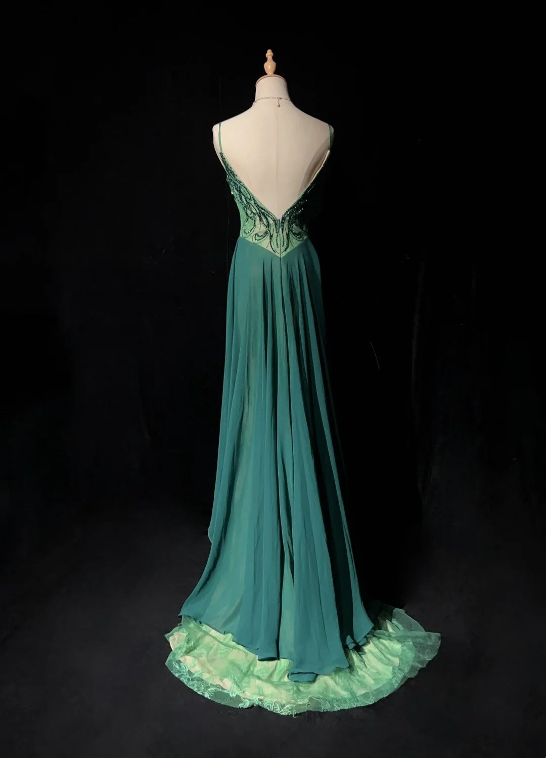 Vintage Ballkleider Meerjungfrau Spaghettiträger Grün Perlen 90er Lang Formelles Abendkleid N2649
