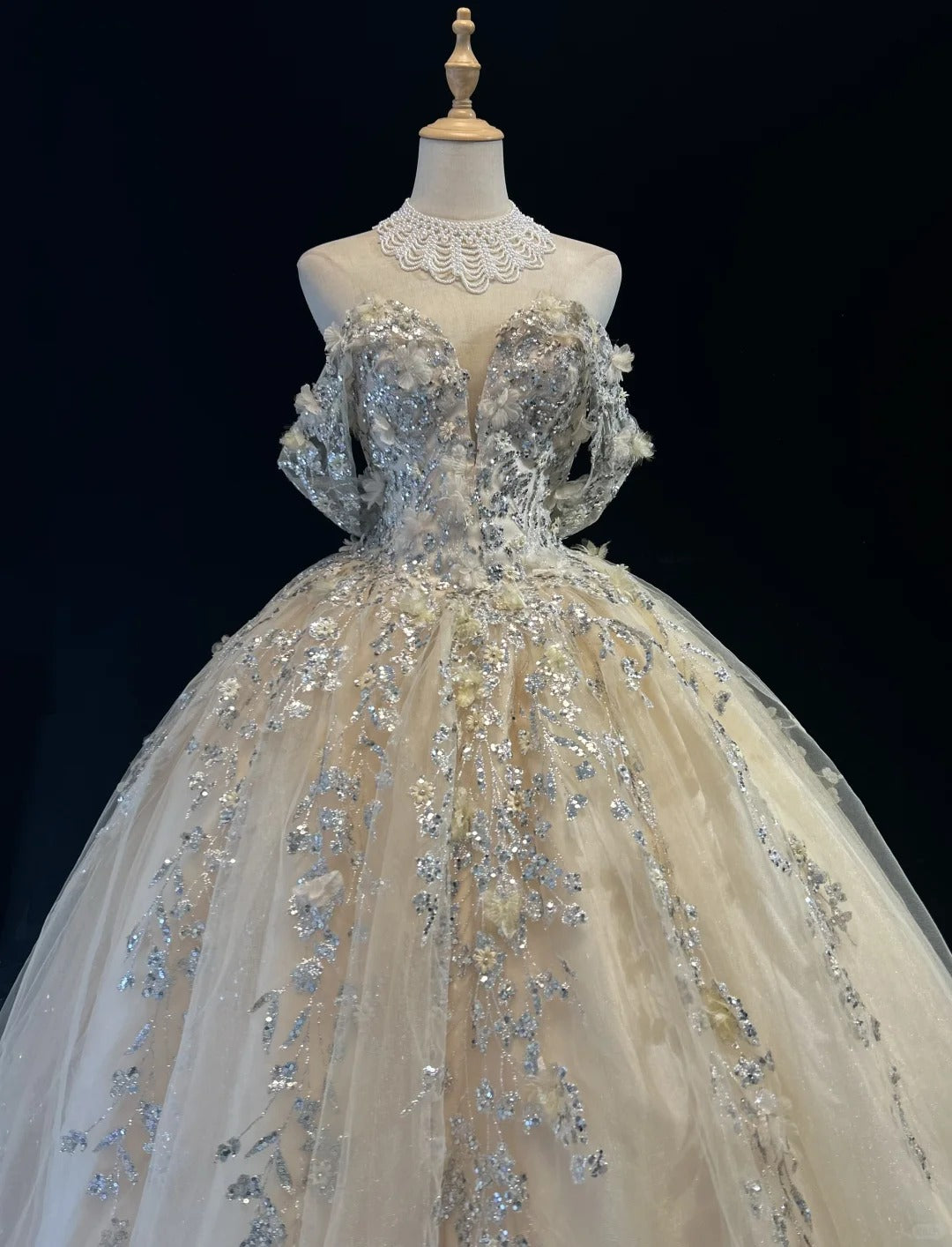 Glamour Ballkleid Abschlussballkleid Off-Shoulder Champagner mit Blumen Formelle Abendgarderobe N3799