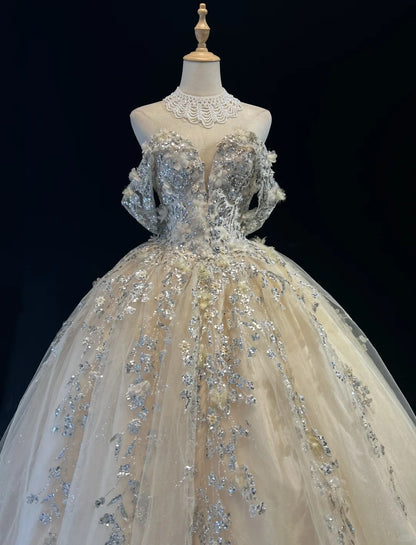 Glamour Ballkleid Abschlussballkleid Off-Shoulder Champagner mit Blumen Formelle Abendgarderobe N3799