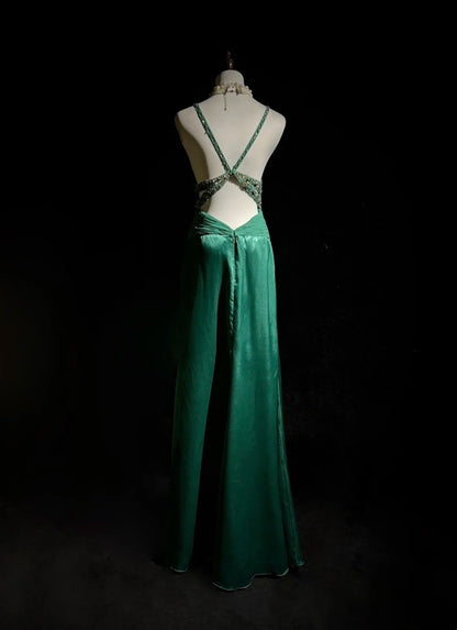 Vintage Prom Dresses Mermaid V Neck Green Chiffon With Ruffles Backless Long Formal Dress N2512