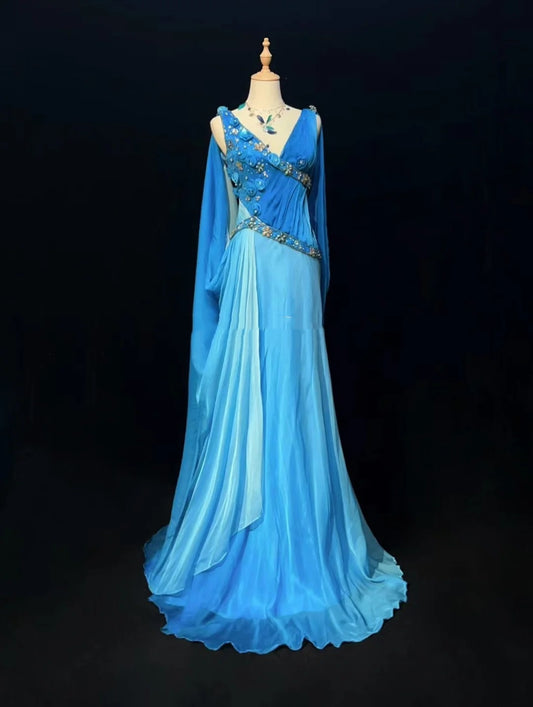 Vintage Meerjungfrau-Abschlussballkleider mit Farbverlauf, Königsblau, V-Ausschnitt mit Glitzer und Perlen, 80er Jahre Abendkleid RB3275