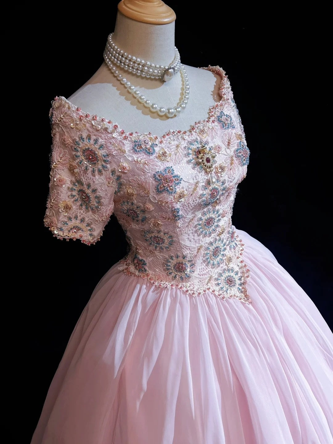 Princess Prom Dresses Ball Gown Scoop Pink Tulle Half Sleeves Evening Long Quince Dress N3285