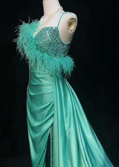 Robe de bal rétro, vintage, sirène, asymétrique, manches longues avec plumes, tenues de soirée années 90 N2327