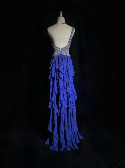 Elegante Abschlussballkleider A-Linie High-Low One-Shoulder Königsblau Chiffon mit Perlen ärmellos langes Abendkleid N2881