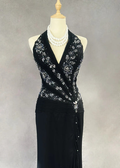 Robes de bal modestes sirène licou en mousseline avec perles pour soirée formelle N3858