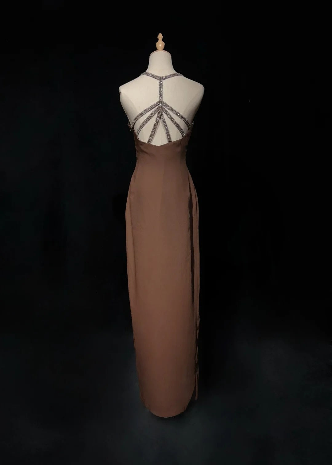 Vintage Ballkleid A-Linie Spaghettiträger Braun Chiffon Lang 70er Jahre Abendkleid N2578