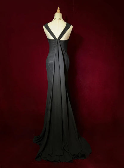 Vintage Prom Dresses Inspo Mermaid 90s Halter Black Tie Dress Chiffon For Women Formal Dress N3302