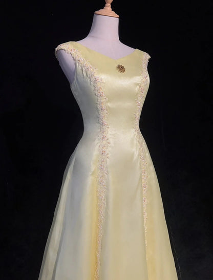 Vintage Ballkleider 1950er Jahre Retro Elegant A-Linie U-Boot-Ausschnitt Gelb Satin Abendkleider Mit Schal N3011