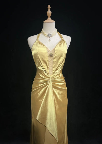 Robe De Soirée Longue Plissée De Bal Années 2000 Vintage Taille Haute Asymétrique Dorée Coupe A Sans Manches N2585