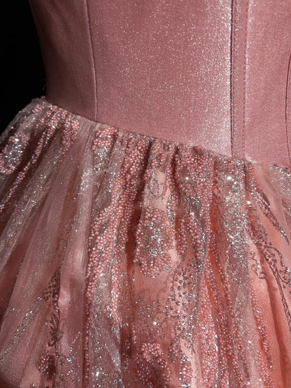 Jolie Robe de Bal Courte à Bretelles Fines Paillettes Roses avec Fleurs 3D en Tulle pour Retour à la Maison N2527