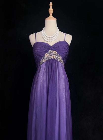 Vintage Prom Dresses 1960s A line Spaghetti Strap Grape Tulle With Flowers Sleeveless Prom Dresses Evening Formal Outfits RB5133
