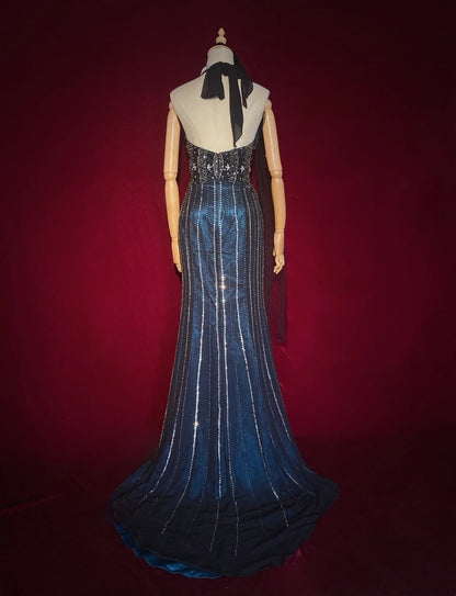 Robes de bal scintillantes, inspiration sirène, années 90, col licou, bleu marine foncé avec perles, pour femmes, robe de soirée N3273