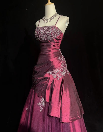 Robes de bal de promo vintage, robe de bal, bretelles spaghetti, fuchsia, sans manches, taffetas, années 90, longue robe de soirée N2878