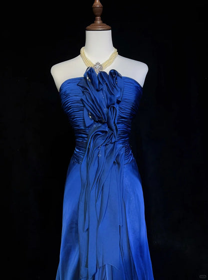 Vintage Abschlussballkleider Inspo Meerjungfrau Spaghettiträger Königsblau mit Rüschen 80er Jahre Langes Abendkleid N2744