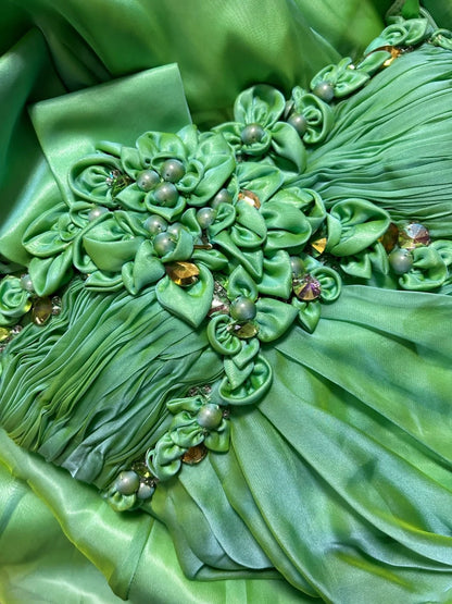 Exquisite Prom Dresses A Line One Shoulder Green Chiffon With Flowers Long Formal Dress N2889
