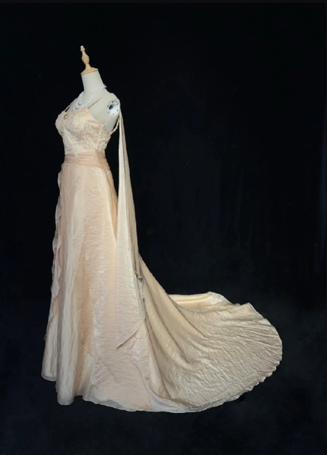 Robes de bal vintage en forme de A à bretelles spaghetti couleur champagne avec manches longues Robe de soirée années 90 N3001