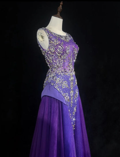 Sirène Vintage Col Bateau Violet Avec Perles Tulle Robes De Bal Longues Inspirations Tenues De Soirée RB4343