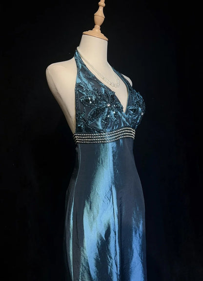 Robes de bal vintage sirène dos nu col en V bleu marine années 1990 longue robe de soirée N2642