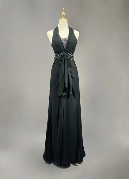 Vintage Prom Dresses A line Halter Black Chiffon With Beading 1970s Long Formal Gown N2619