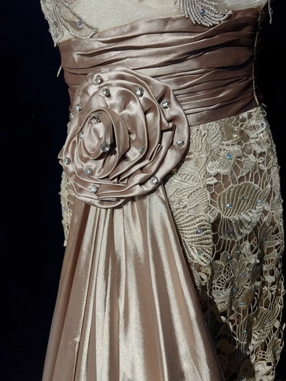 Robes de bal vintage des années 1980 Sirène Col en V Dentelle Rose avec Appliques Perles Longue Robe de Bal N3112