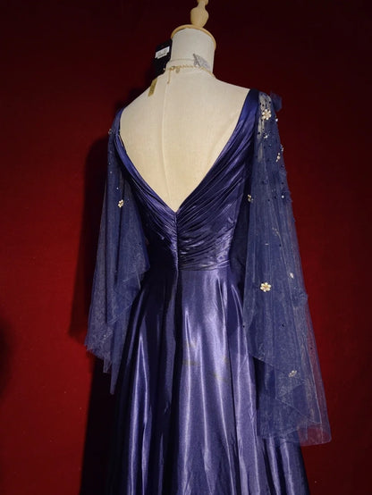 Vintage Ballkleider Inspo A-Linie Empire V-Ausschnitt Marineblau Satin 90er Mit Ärmeln Abendkleider N3314