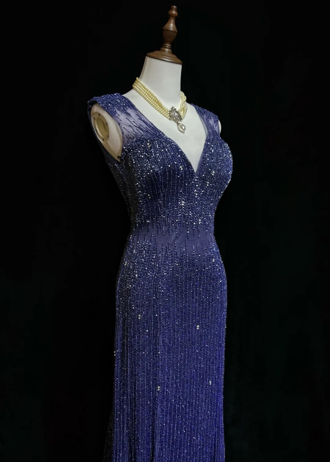 Vintage Meerjungfrauen-Abschlussballkleider V-Ausschnitt Königsblau 90er mit rückenfreier Perlenstickerei Langes formelles Partykleid N2505