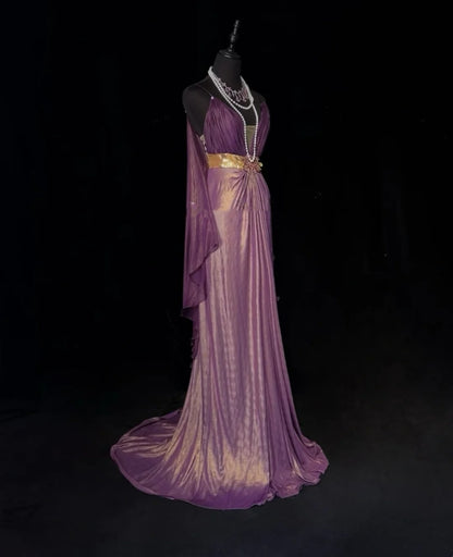 Bezaubernde Ballkleider A-Linie Spaghettiträger Lila Chiffon Mit Cape Langes formelles Abendkleid N3897