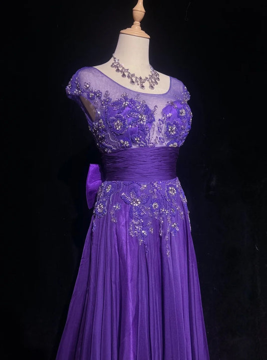 Vintage Prom-Kleider A-Linie U-Boot-Ausschnitt Lila Chiffon 80er mit Perlenstickerei Lange Formelle Abendgarderobe N3899