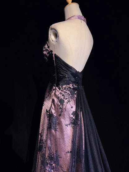 Vintage Prom Dresses Inspo A line Halter Pink Satin Black Lace With Backless For Women Formal Dress N3254