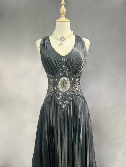 Robes de bal vintage en ligne A, robe de soirée à col en V perlée des années 90, longue robe de soirée formelle N2652