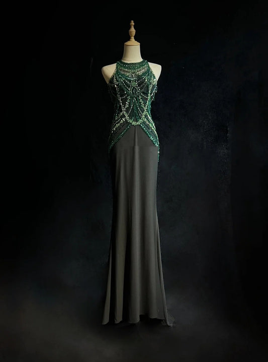 Vintage Abschlussballkleider Meerjungfrau Scoop mit Glitzerperlen Rückenfrei Schwarz 80er Abendkleid RB3270