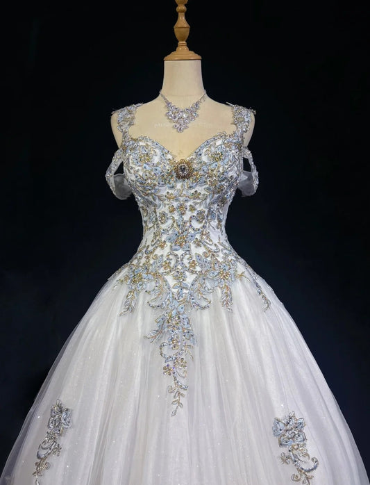 Princess Lace Straps White Appliques Sweet 16 Dress Ball Gown Formal Party Outfits Sweet Sixteen Dress RC0088