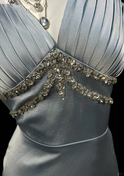 Vintage Prom Dresses 1950s Mermaid Halter Silver Gray With Split Sleeveless Evening Formal Outfits RB4341