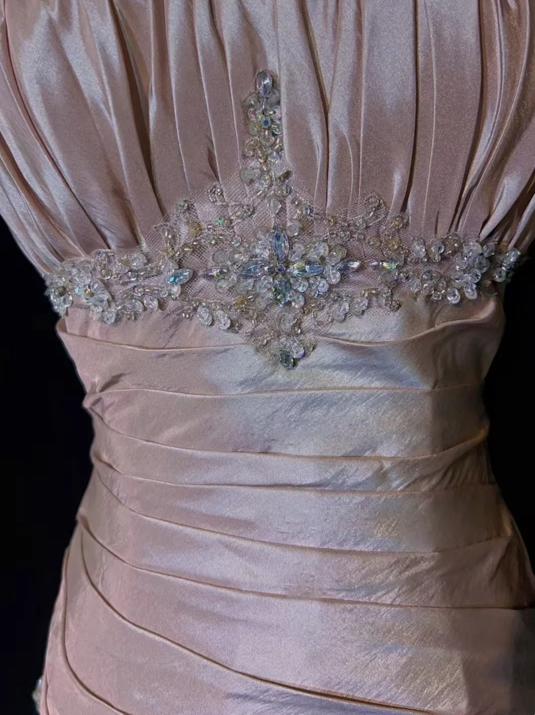 Robes de bal vintage sirène à fines bretelles en taffetas rose clair avec perles argentées années 50 longue robe de soirée N2597