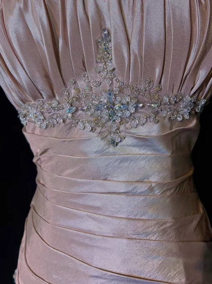 Robes de bal vintage sirène à fines bretelles en taffetas rose clair avec perles argentées années 50 longue robe de soirée N2597