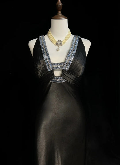 Robes de bal modestes Inspo Sirène Années 90 Col V Gris avec perles pour femme Robe de soirée N3283