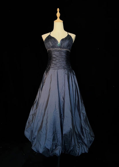 Zeitlose Ballkleider Trägerlos Marineblau Taft mit Perlenumhang Abendgarderobe N3287