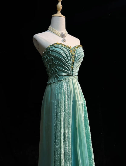 Retro Gown Prom Vintage Dresses A line Sweetheart Green Lace Chiffon With Beading 90s Formal Outfits N2328