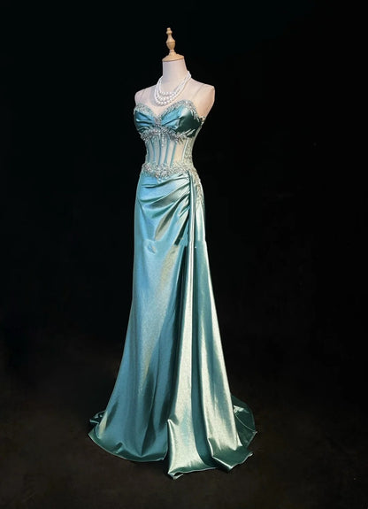 Elegante Abschlussballkleider Inspiration Meerjungfrau Spaghettiträger Blau Satin Mit Rüschen und Perlen Für Damen Abendkleid N3228