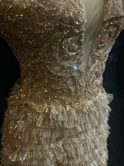 Vintage-Abschlussballkleider A-Linie Spaghettiträger Goldspitze mit Ärmeln 80er-Jahre-Abend-Formales Kleid RB3268