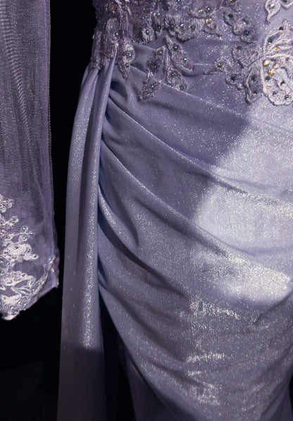 Vintage Prom Dresses 1960er Meerjungfrau Herz-Ausschnitt Flieder Mit Schlitz Langärmeliges Ballkleid N3100